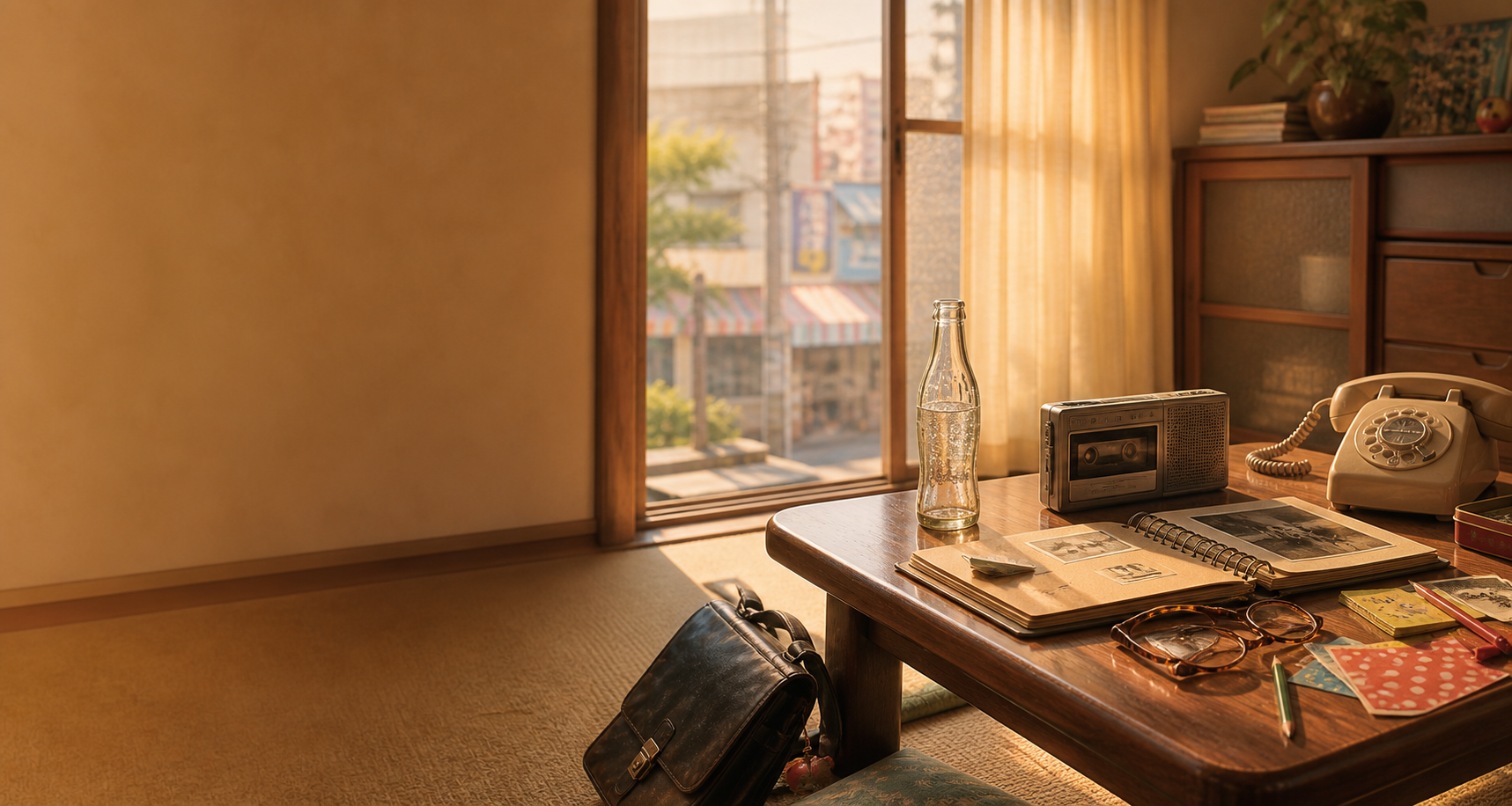 昔のラジオや黒電話が置かれた、夕暮れの部屋
