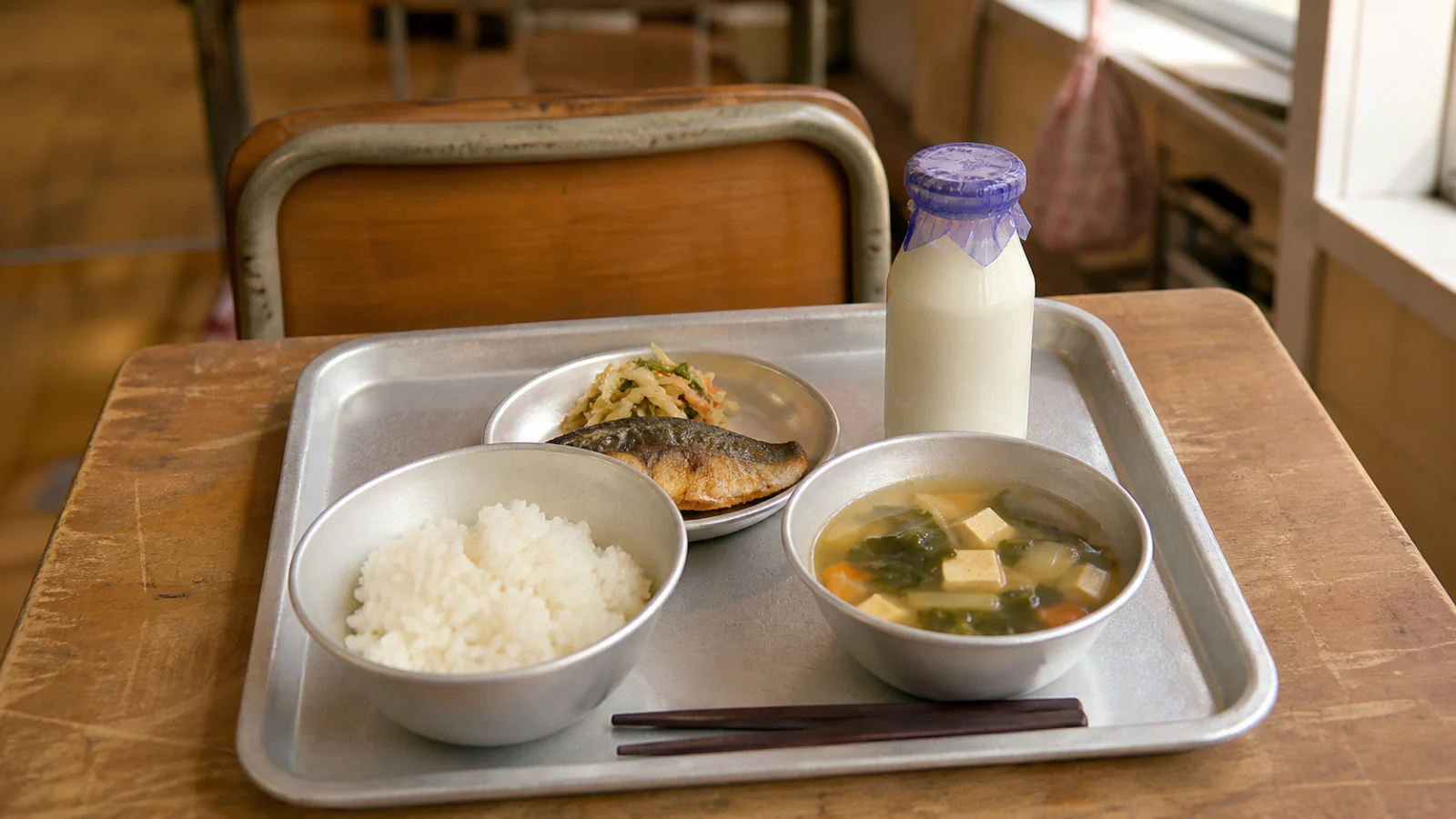 昭和50年代（1975〜1984年ごろ）の給食のアルマイト食器を思わせる横長の記憶風景