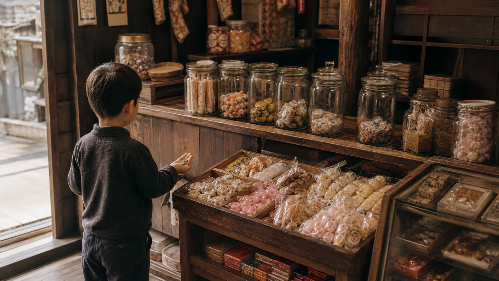 昭和30年代〜40年代（1955〜1974年ごろ）の駄菓子屋を思わせる横長の記憶風景