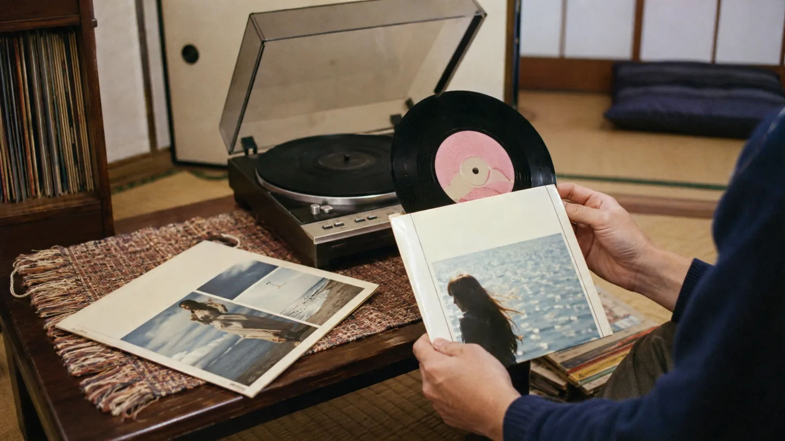 昭和50年代（1975〜1984年ごろ）のEPレコードのジャケットを思わせる横長の記憶風景