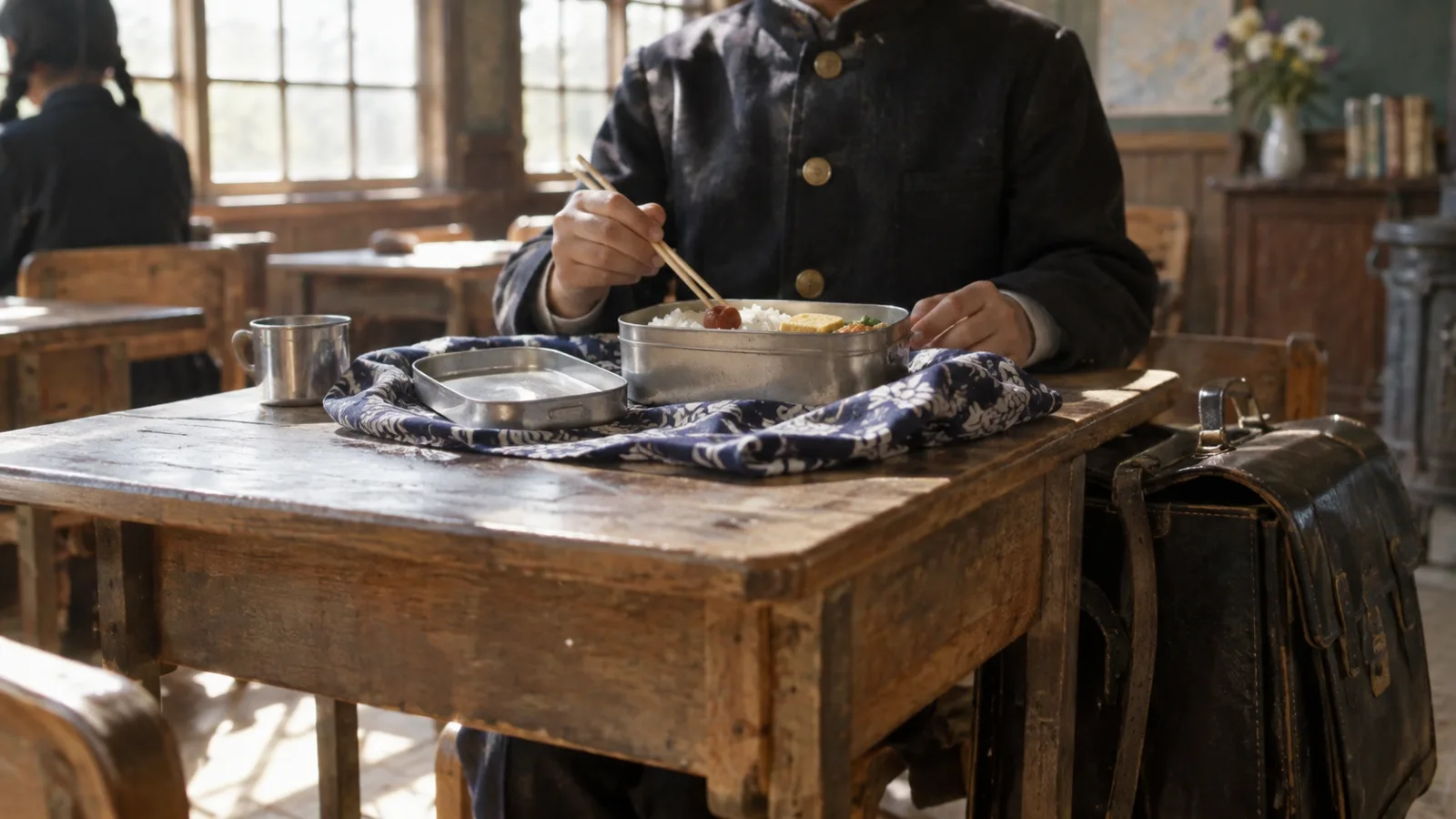 昭和20年代後半〜30年代（1950〜1964年ごろ）の弁当箱を持参した通学を思わせる横長の記憶風景