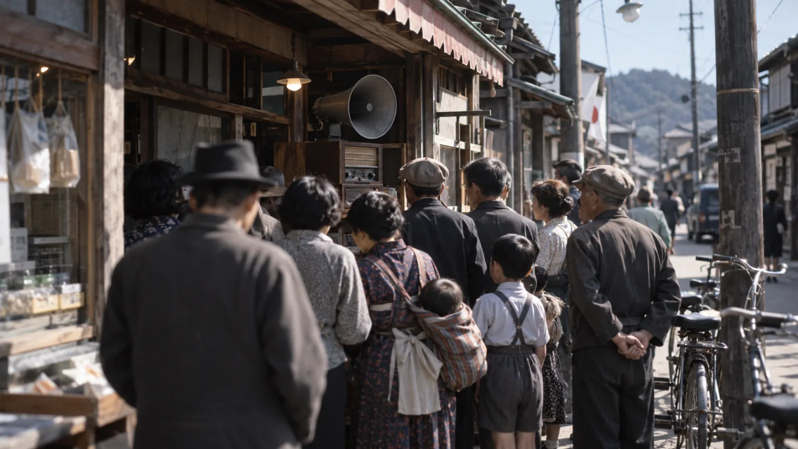 昭和20年代後半〜30年代（1950〜1958年ごろ）の街頭のラジオ実況中継に集まる人だかりを思わせる横長の記憶風景