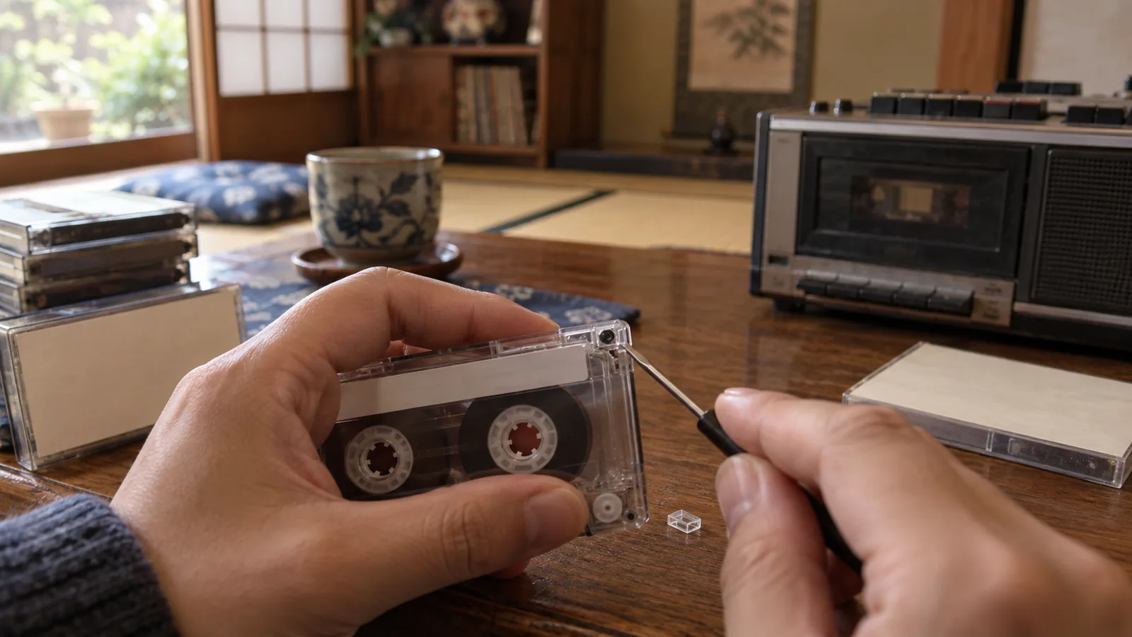 昭和末期〜平成初期（1985〜1993年ごろ）のカセットテープの爪折りを横長の生活場面として描いたAI再現画像