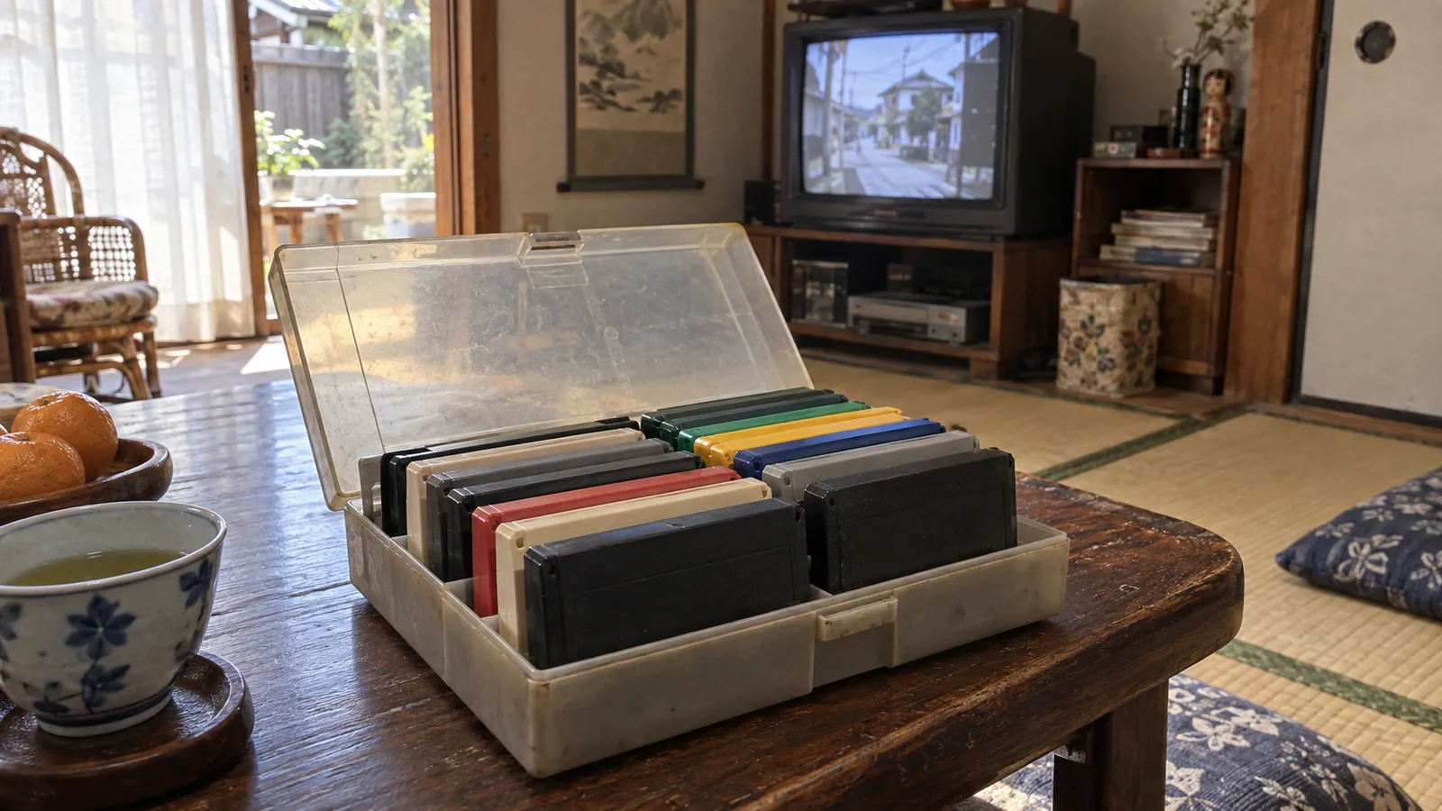 昭和末期〜平成初期（1985〜1994年ごろ）のゲームカセットの収納ケースを横長の生活場面として描いたAI再現画像