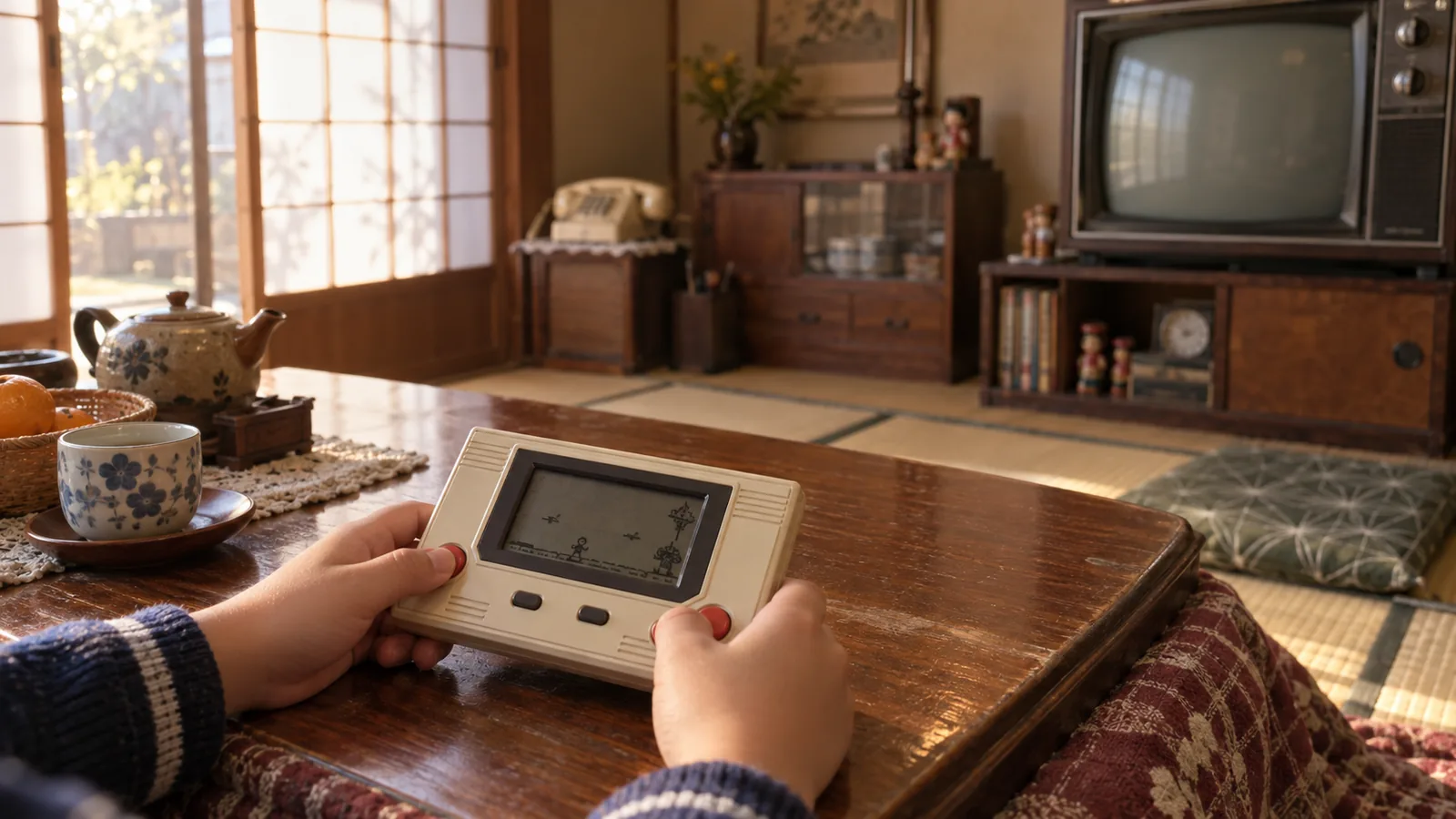 昭和50年代後半〜60年代初頭（1980〜1986年ごろ）のLSIゲームを横長の生活場面として描いたAI再現画像