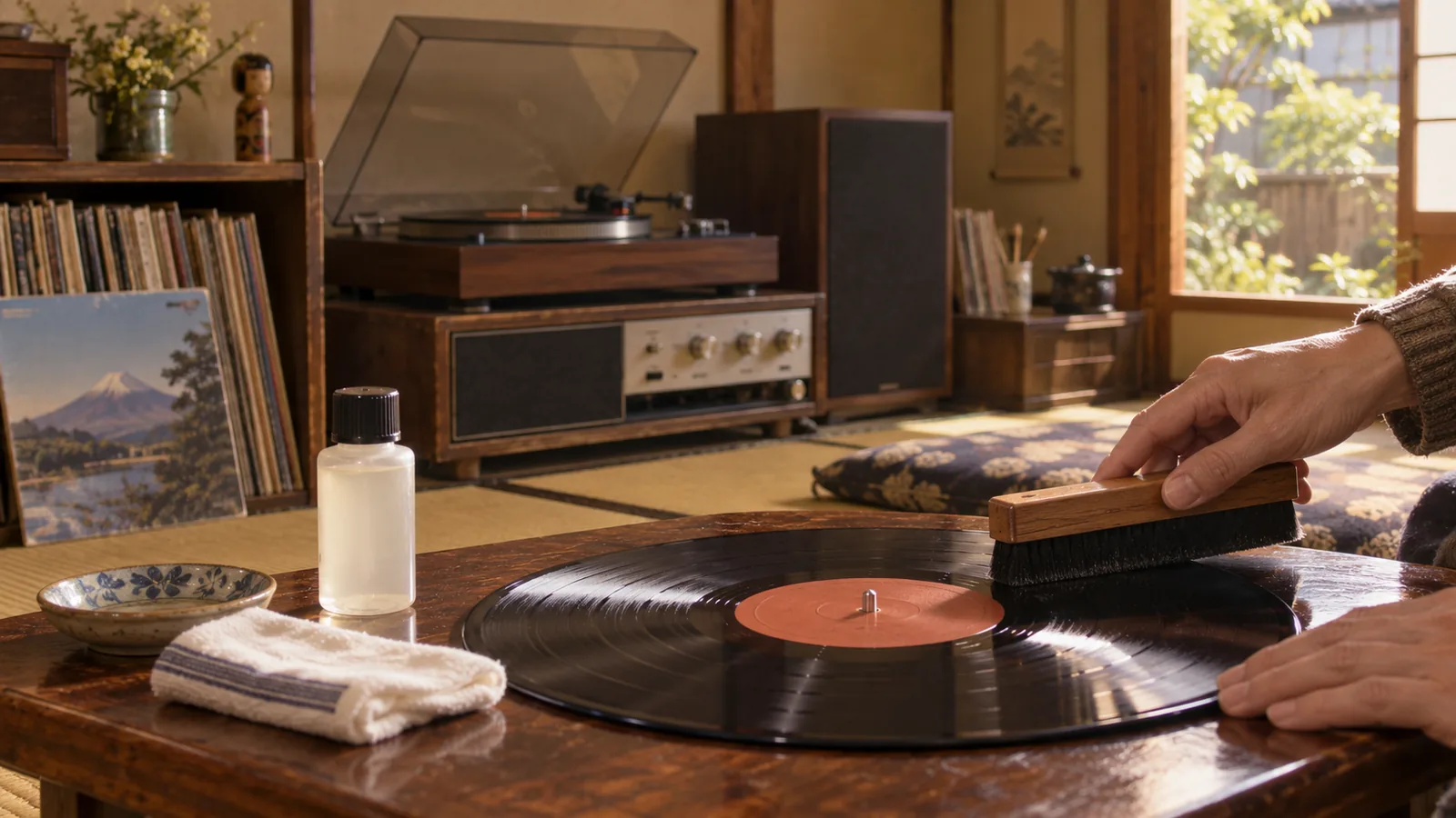 昭和50年代（1975〜1984年ごろ）のレコードクリーナーを横長の生活場面として描いたAI再現画像