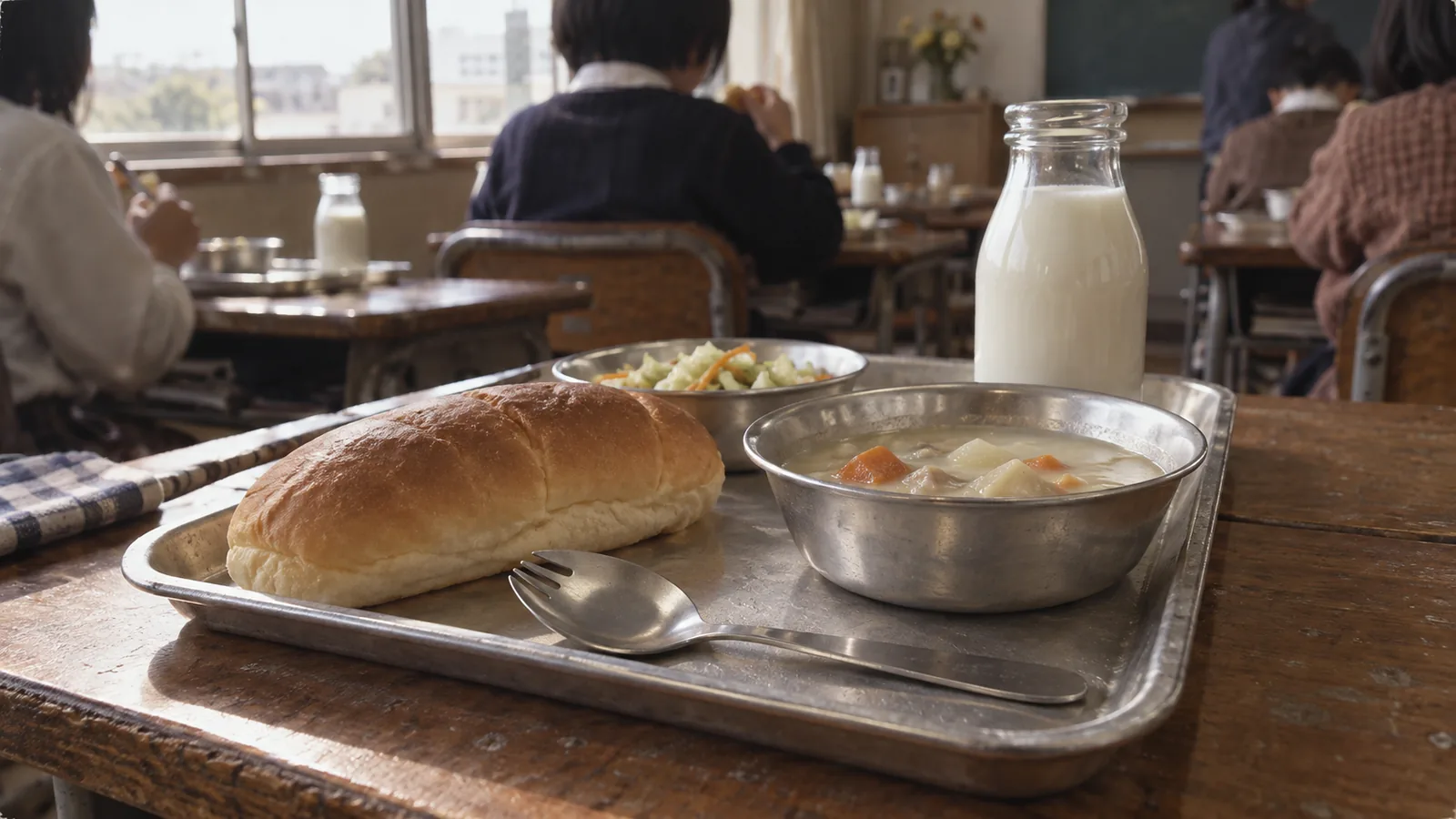 昭和40年代後半〜50年代（1970〜1979年ごろ）の給食の先割れスプーンを横長の生活場面として描いたAI再現画像