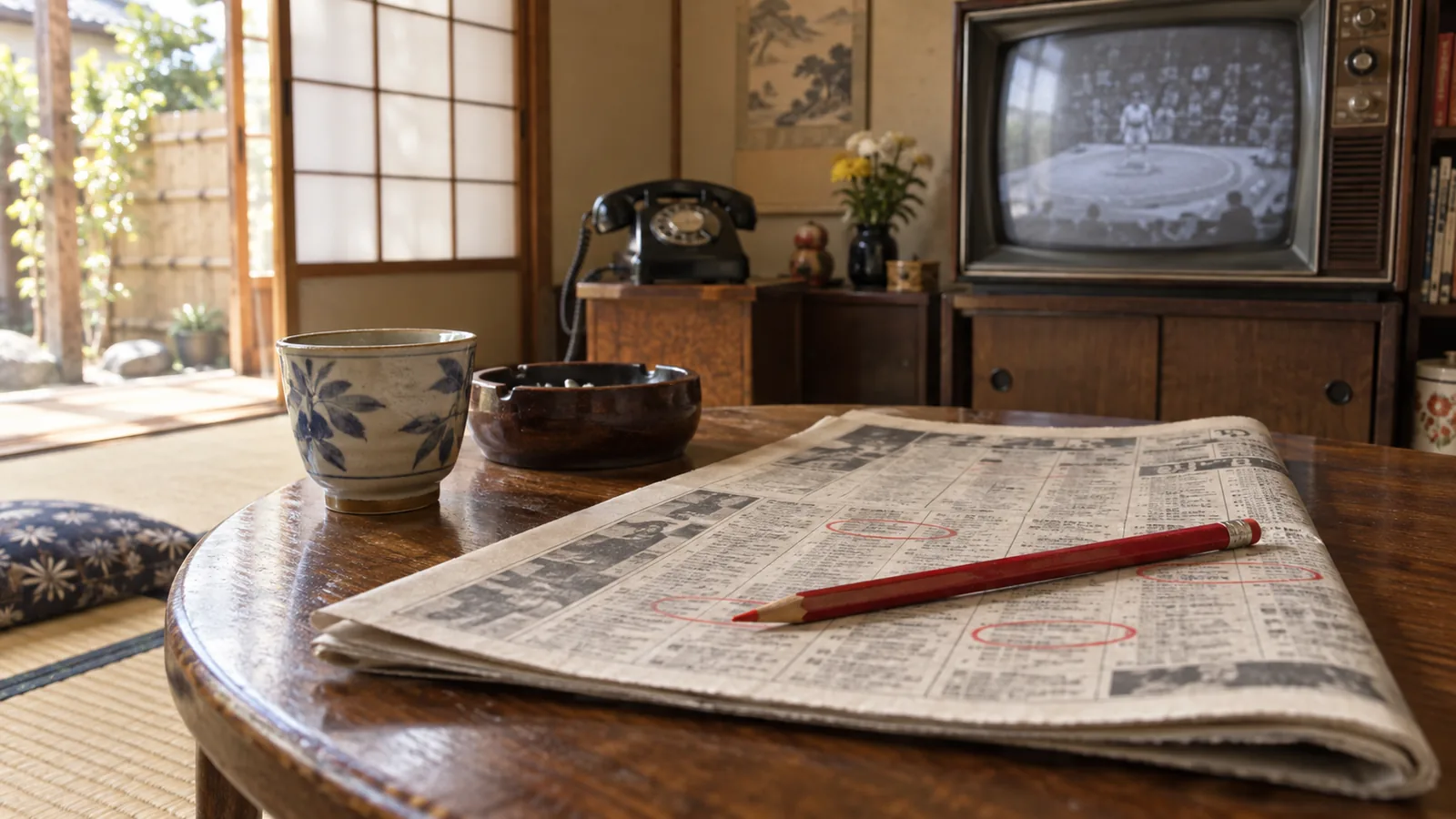 昭和40年代後半〜50年代（1970〜1979年ごろ）のテレビ欄の赤鉛筆を横長の生活場面として描いたAI再現画像