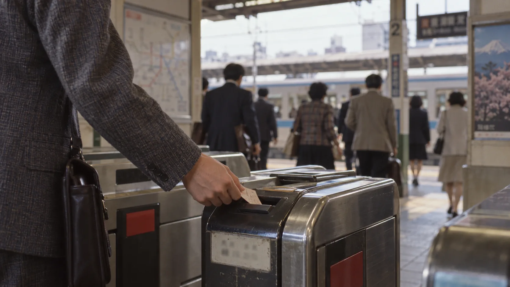 昭和末期〜平成初期（1985〜1995年ごろ）の自動改札機に通した磁気定期券を横長の生活場面として描いたAI再現画像