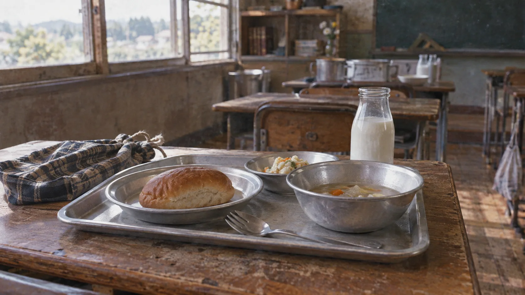 昭和50年代（1975〜1984年ごろ）の給食のアルミ食器を横長の生活場面として描いたAI再現画像