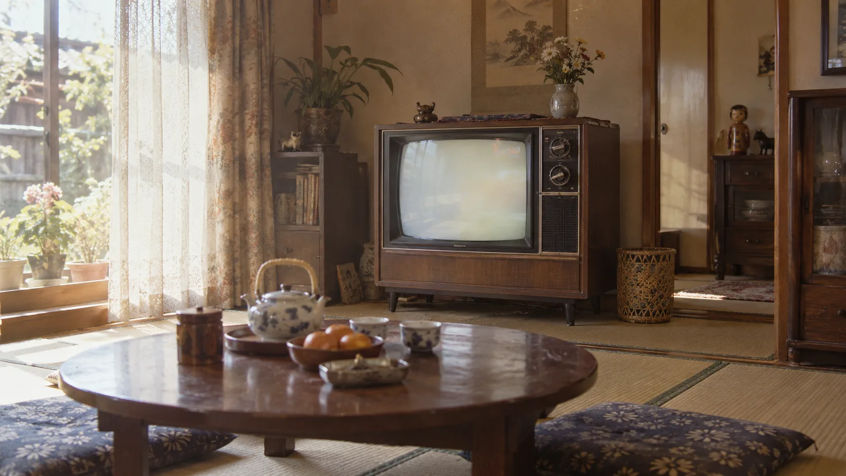 昭和40年代後半〜50年代（1970〜1979年ごろ）のチャンネルダイヤルのテレビを横長の生活場面として描いたAI再現画像