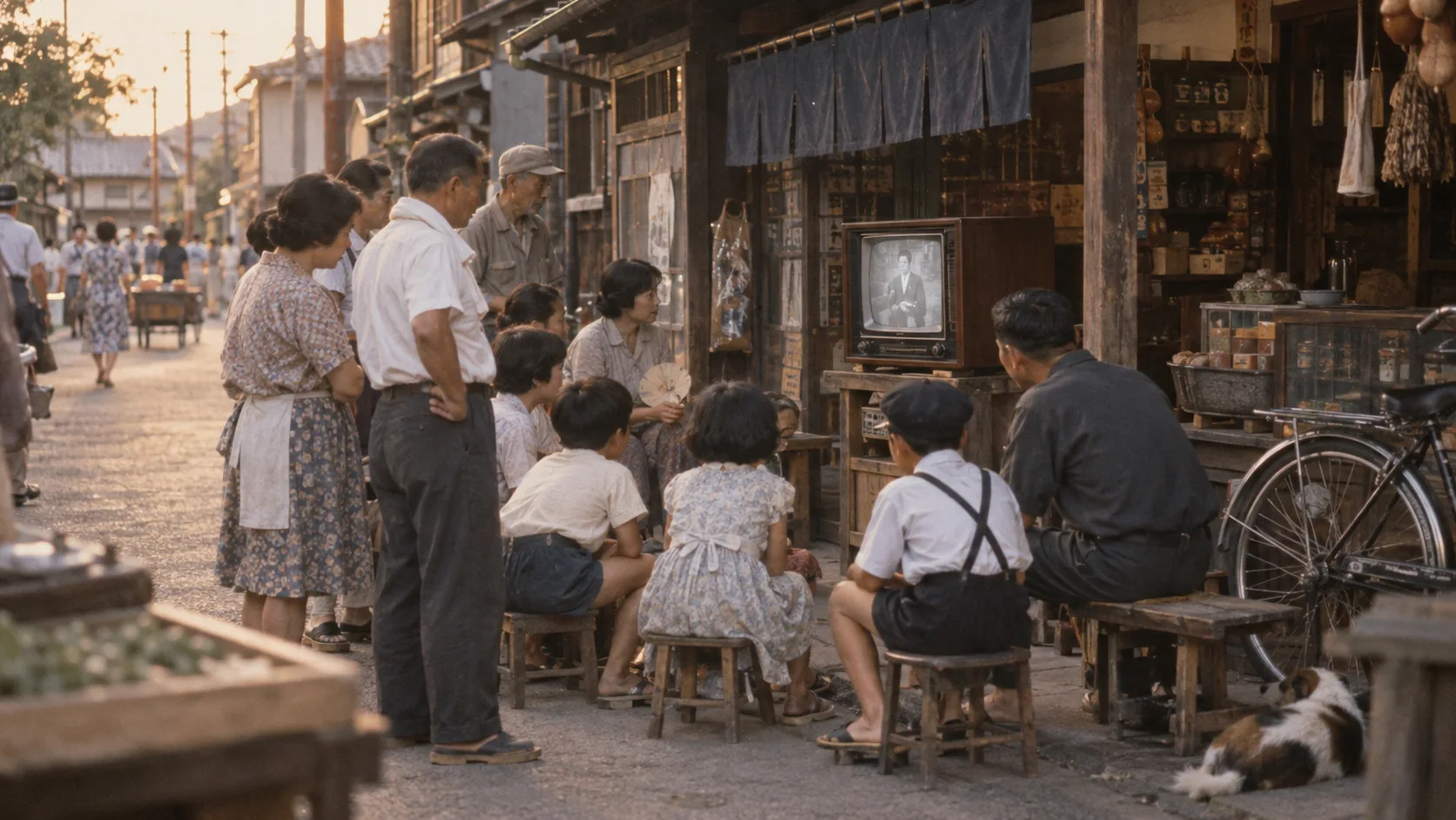 昭和30年代（1955〜1964年ごろ）の街頭テレビを横長の生活場面として描いたAI再現画像
