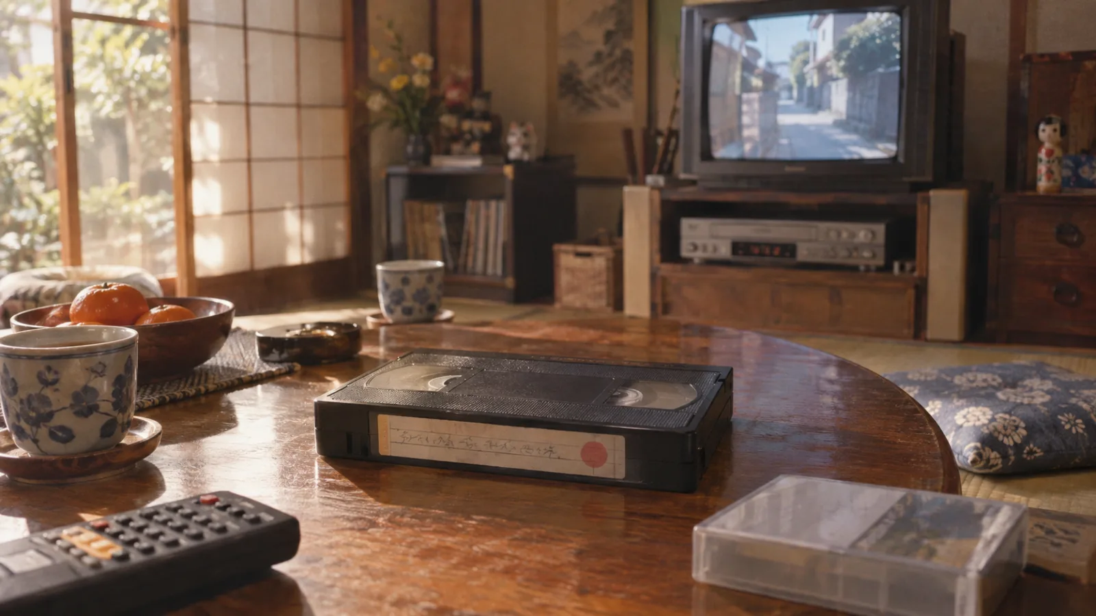 昭和50年代後半〜平成初期（1980〜1992年ごろ）のVHSテープの巻き戻しラベルを横長の生活場面として描いたAI再現画像