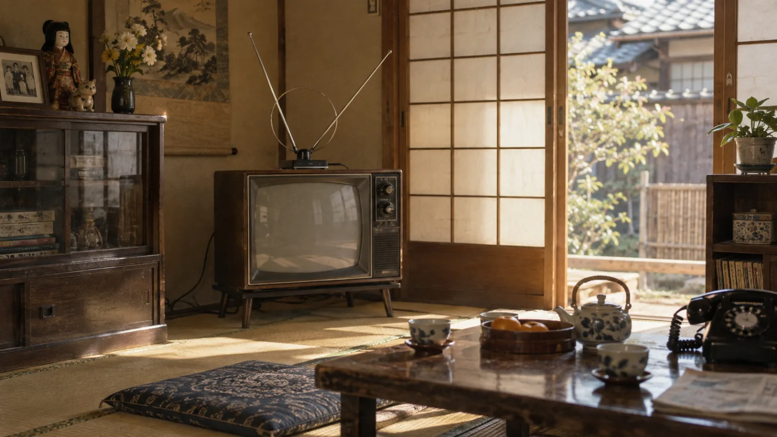 昭和40年代（1965〜1974年ごろ）のテレビの室内アンテナを横長の生活場面として描いたAI再現画像