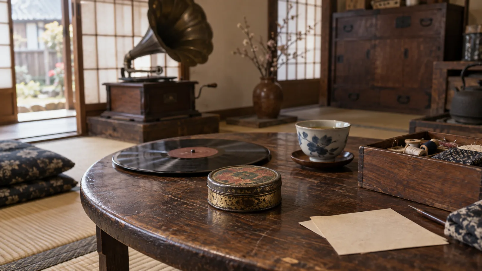 昭和20年代〜30年代（1945〜1964年ごろ）の蓄音機の針缶を横長の生活場面として描いたAI再現画像