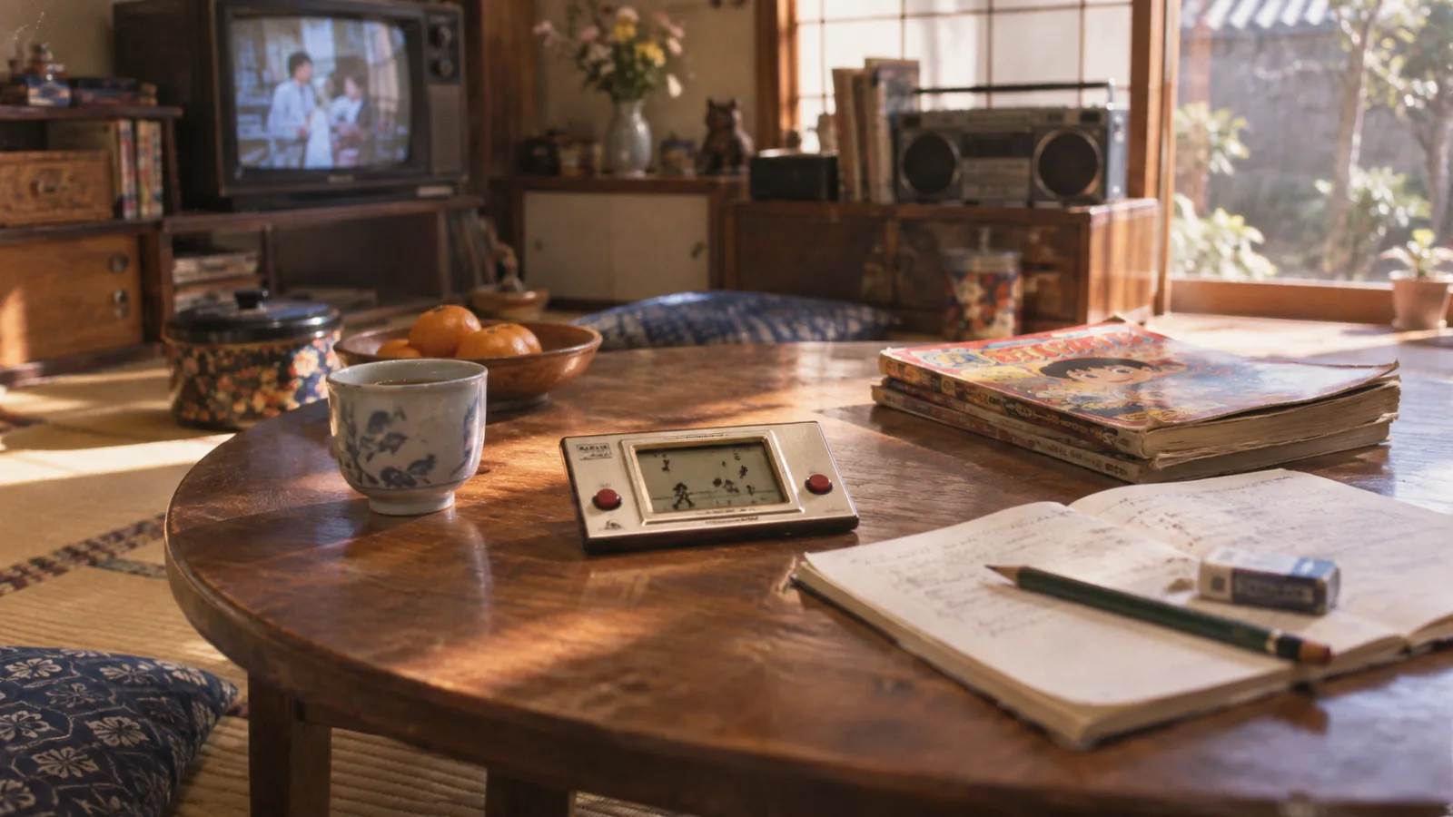 昭和50年代後半〜60年代初頭（1980〜1985年ごろ）のゲーム＆ウオッチを横長の生活場面として描いたAI再現画像