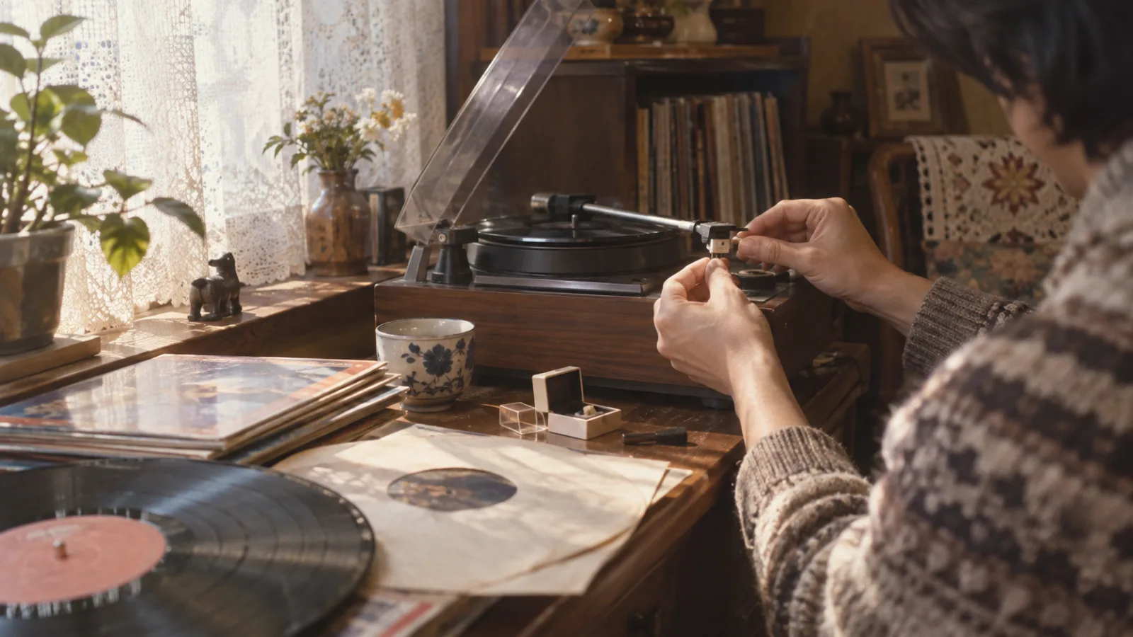 昭和50年代（1975〜1984年ごろ）のレコード針の交換を横長の生活場面として描いたAI再現画像