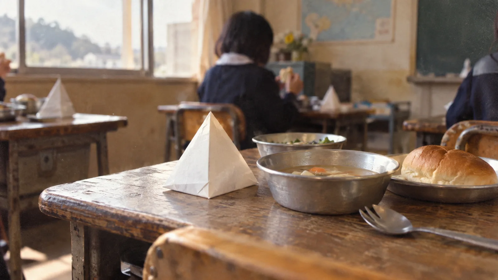昭和50年代（1975〜1984年ごろ）の給食の三角牛乳パックを横長の生活場面として描いたAI再現画像