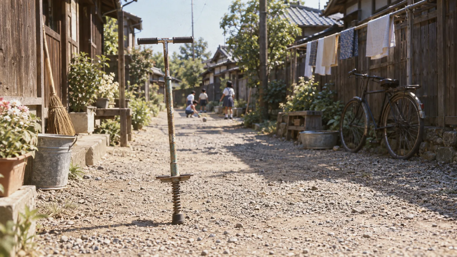昭和30年代後半〜40年代（1958〜1974年ごろ）のホッピングを横長の生活場面として描いたAI再現画像