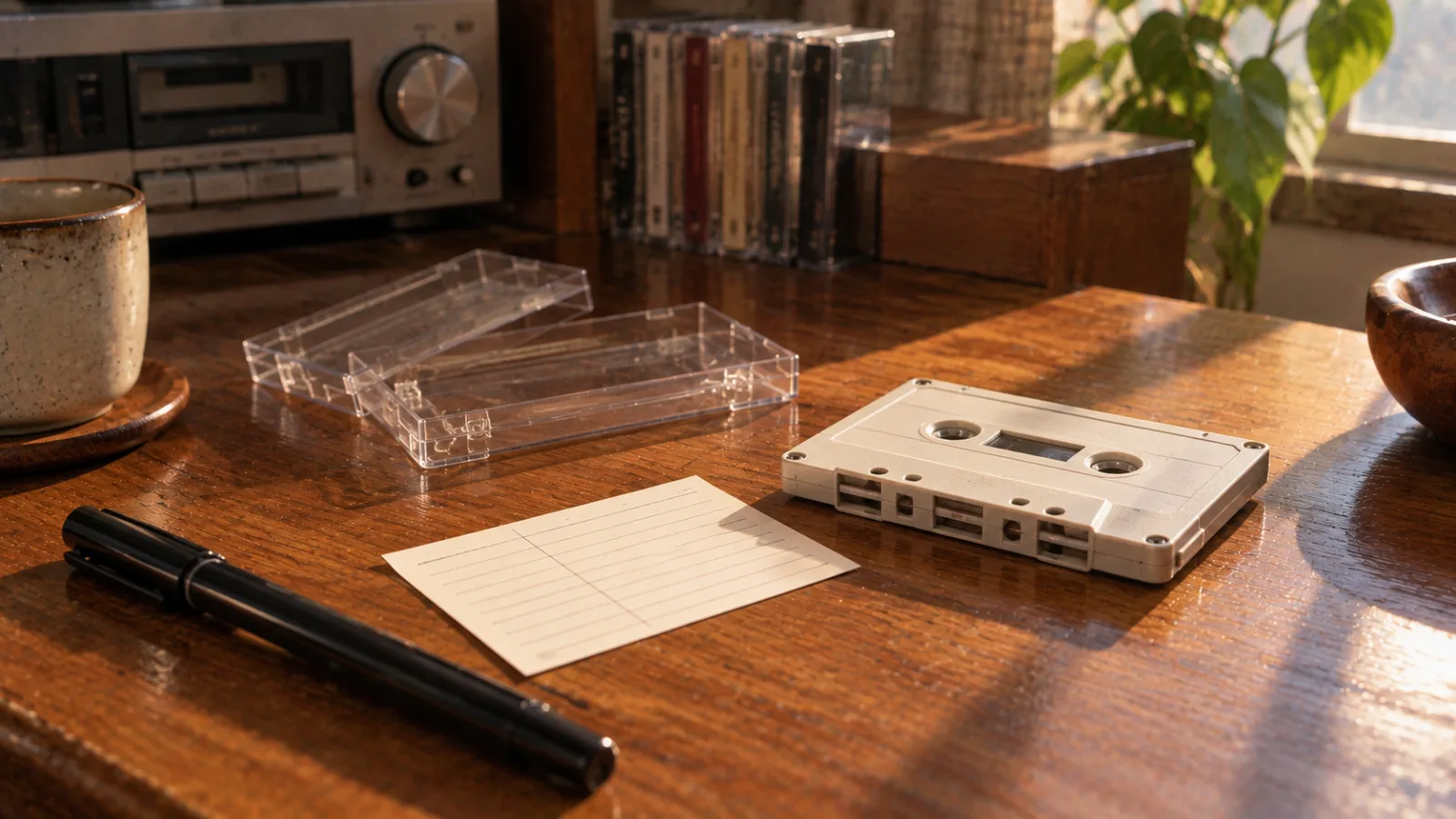 昭和50年代〜60年代初頭（1975〜1989年ごろ）のカセットのインデックスカードを横長の生活場面として描いたAI再現画像