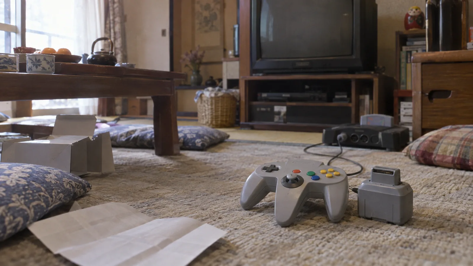 平成初期（1997〜2000年ごろ）のNINTENDO64の振動パックを主役にした懐かしい横長写真