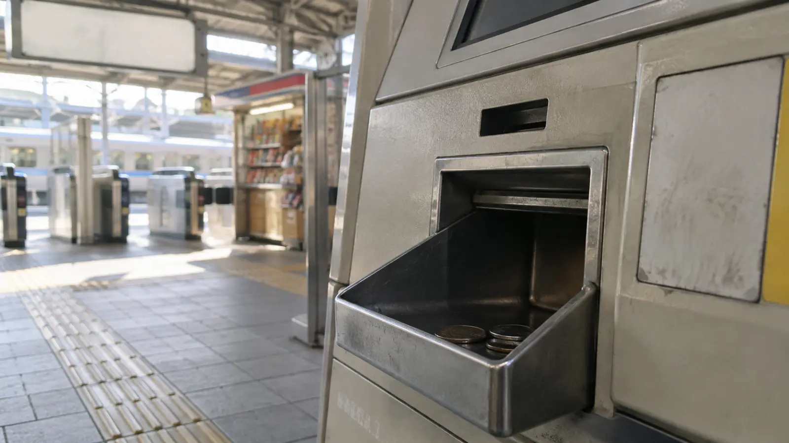 平成初期（1990〜2000年ごろ）の券売機の硬貨返却口を主役にした懐かしい横長写真