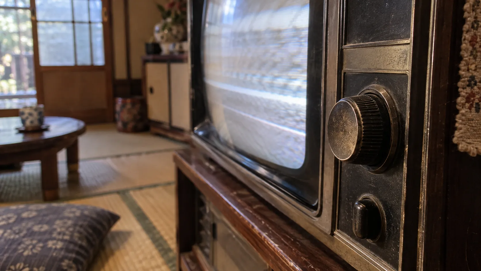 昭和30年代後半〜昭和40年代（1960〜1974年ごろ）のブラウン管テレビの垂直同期つまみを主役にした懐かしい横長写真