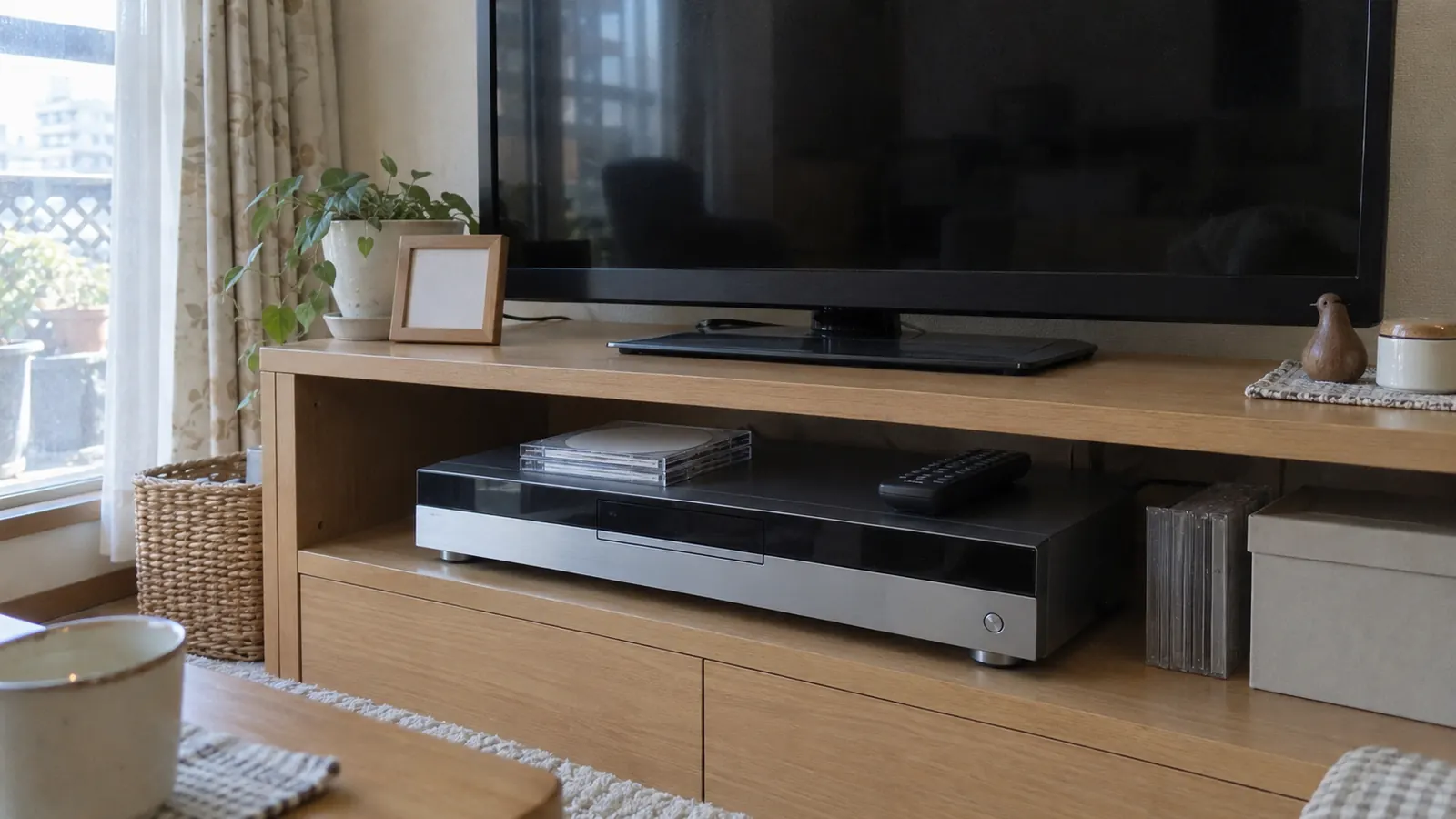 平成20年ごろの居間のテレビ台に置かれた録画レコーダーと、録画用ディスクのケースとリモコン