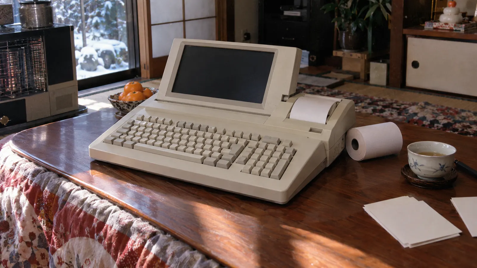 昭和60年ごろの冬の居間で、こたつの上に置かれた画面付きのワープロ専用機と感熱紙のロール