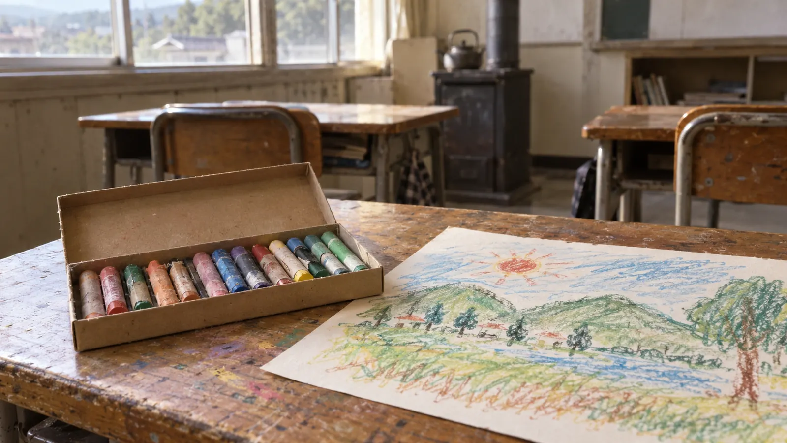 昭和50年代の教室の木の机に置かれた使いかけのクレパスの箱と、色を塗り重ねた風景画