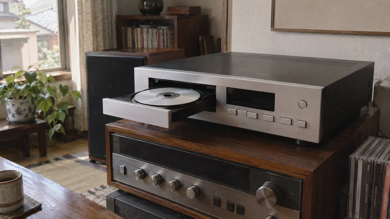 昭和57年ごろの居間で、アンプの上に置かれトレイが開いた銀色のCDプレーヤー