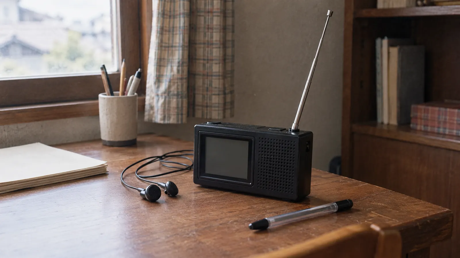 昭和58年ごろの勉強机に置かれた、アンテナを伸ばした小型のポケット液晶テレビとイヤホン