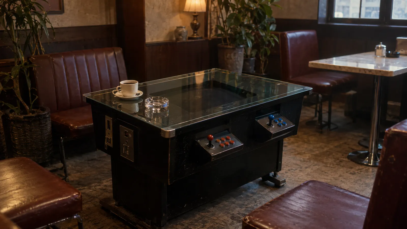 昭和53年ごろの喫茶店に置かれた、ガラス天板のテーブル型ゲーム機とコーヒーカップ