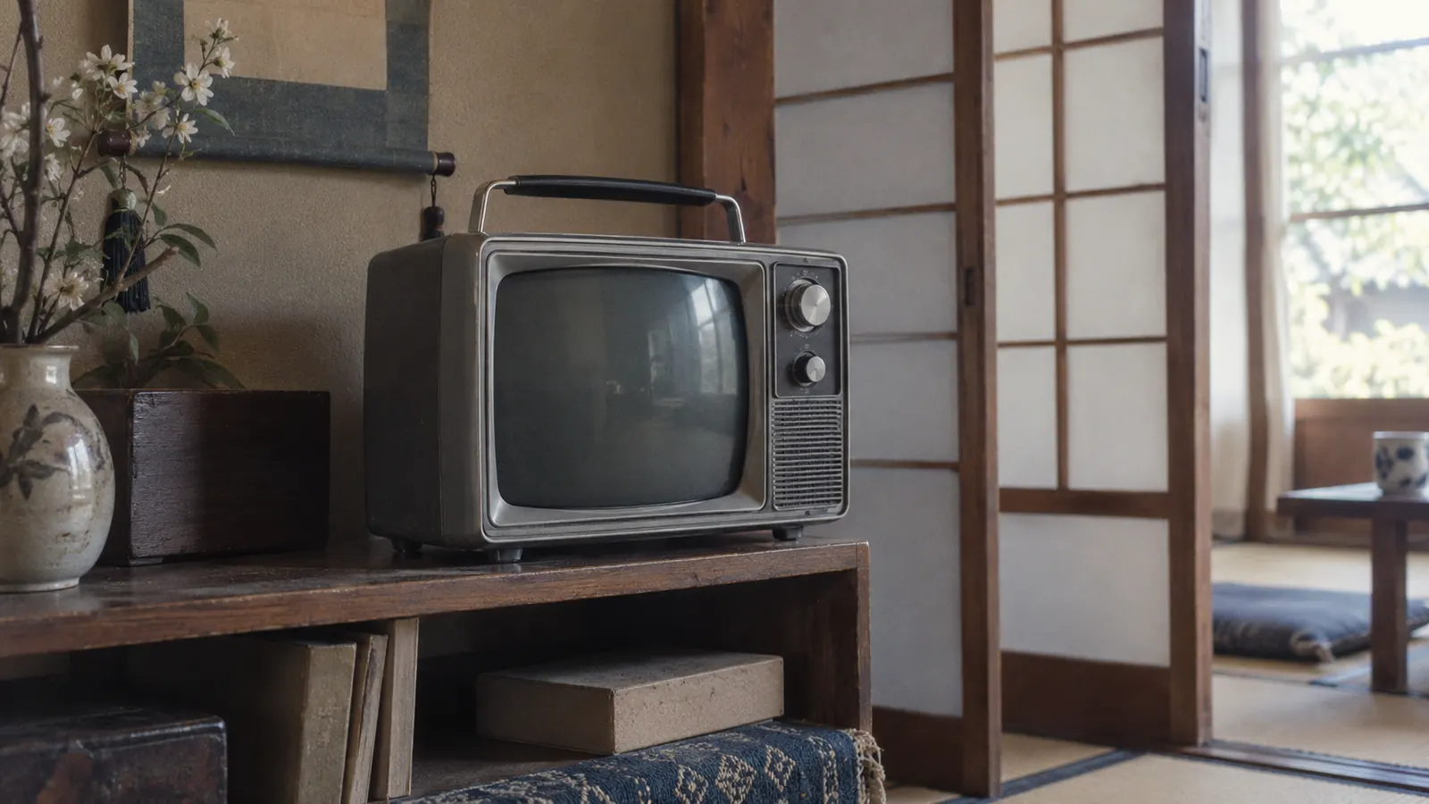 昭和35年ごろの障子のある和室の棚に置かれた、取っ手付きの小型ポータブルテレビ