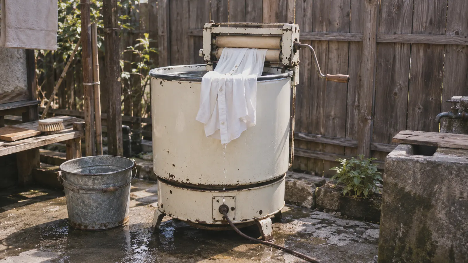 昭和30年代の庭先の洗い場に置かれた、手回しのローラー絞りが付いた丸い電気洗濯機