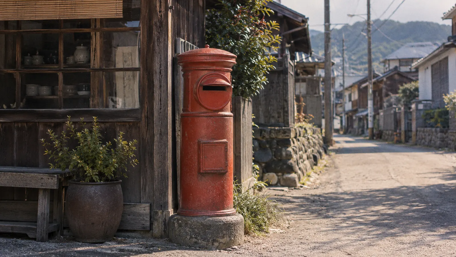 昭和24年ごろの雰囲気の町角で、木造の店先の横に立つ赤い丸型の郵便ポスト
