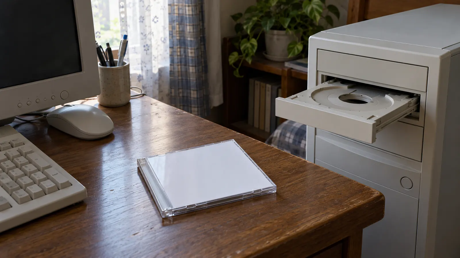平成14年ごろの雰囲気の部屋で、机の上に置かれた透明なCDケースと、トレイが開いたままのデスクトップパソコンのCDドライブ