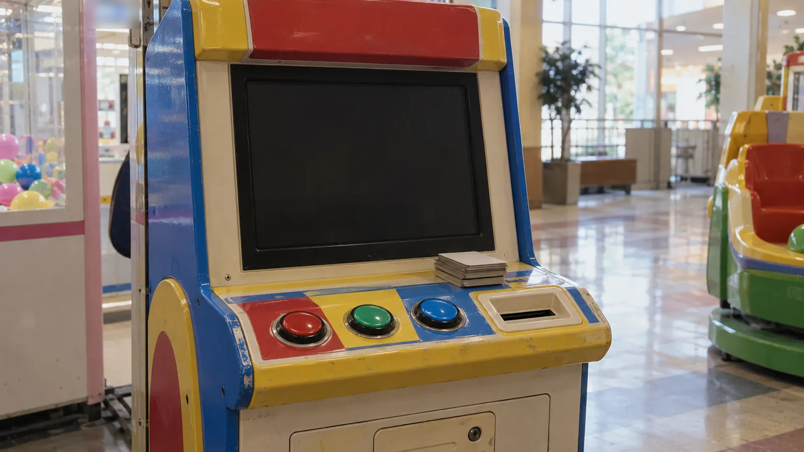 平成15年ごろの雰囲気のショッピングセンターのゲームコーナーで、大きな丸いボタンが並ぶ子ども向けカードゲーム筐体と、台の上に裏向きに重ねたカード