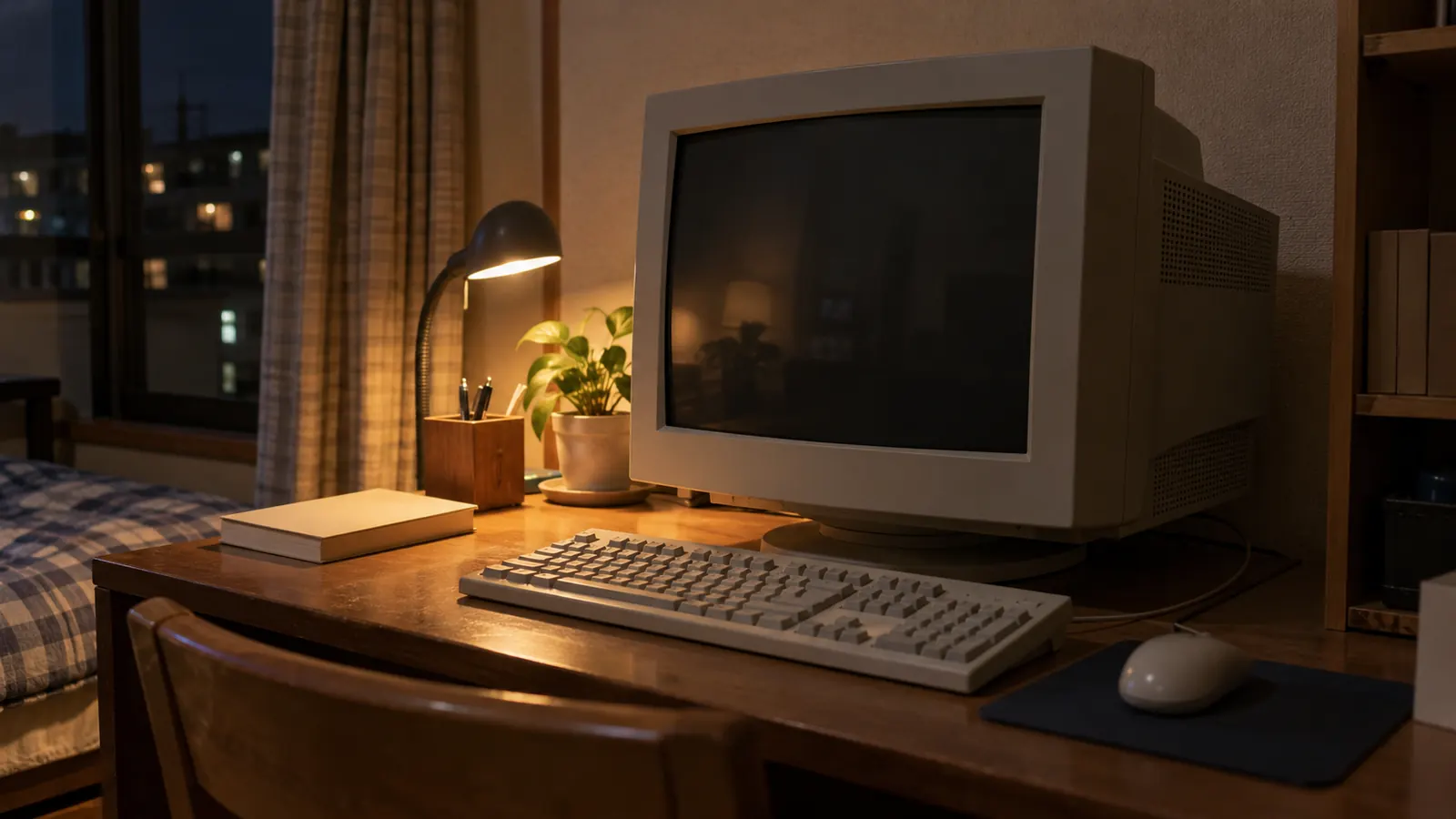 平成18年ごろの雰囲気の部屋で、夜の机の上に置かれたブラウン管型のパソコンモニターとキーボード、モニターの明かりが壁に映る様子