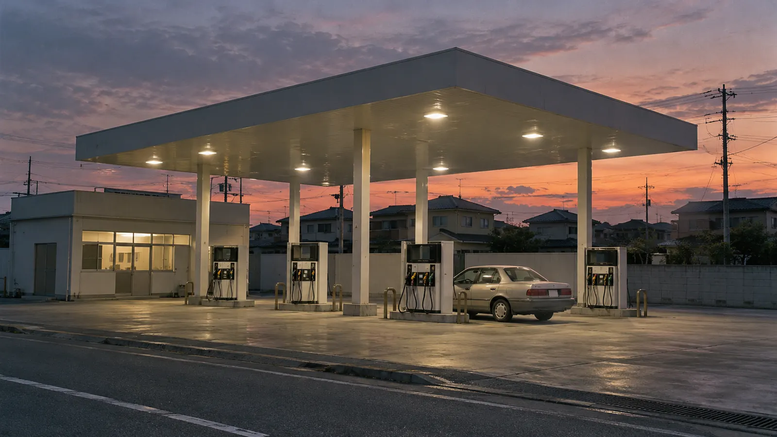 平成10年ごろの雰囲気の郊外のガソリンスタンドで、屋根の下に並ぶ計量機と、ホルダーに掛かった給油ノズル、横に止まったセダン