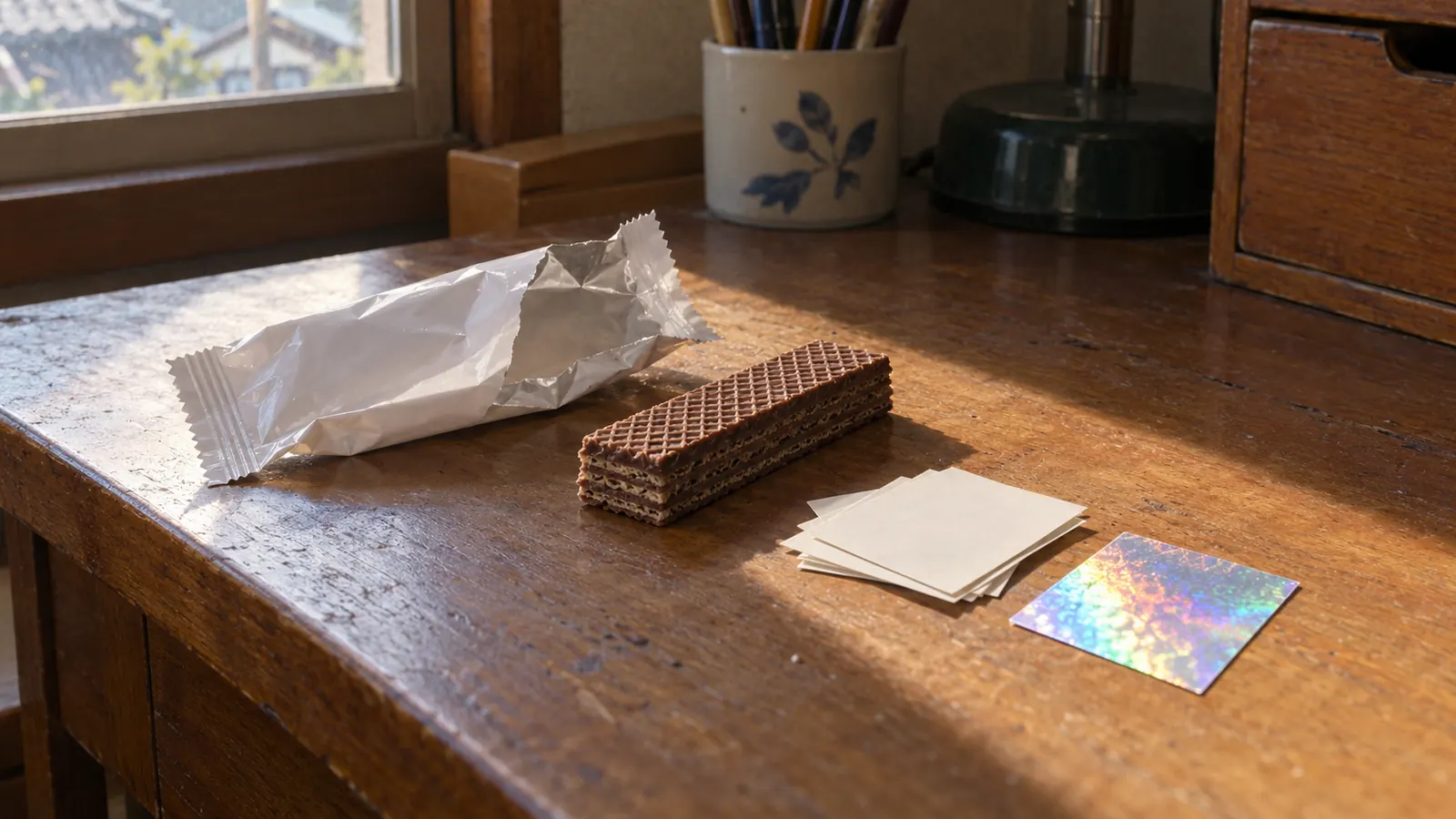 昭和60年ごろの雰囲気の勉強机の上で、開けたお菓子の小袋と、裏向きに重ねた小さな四角いシール、光を反射する一枚の銀色のシール