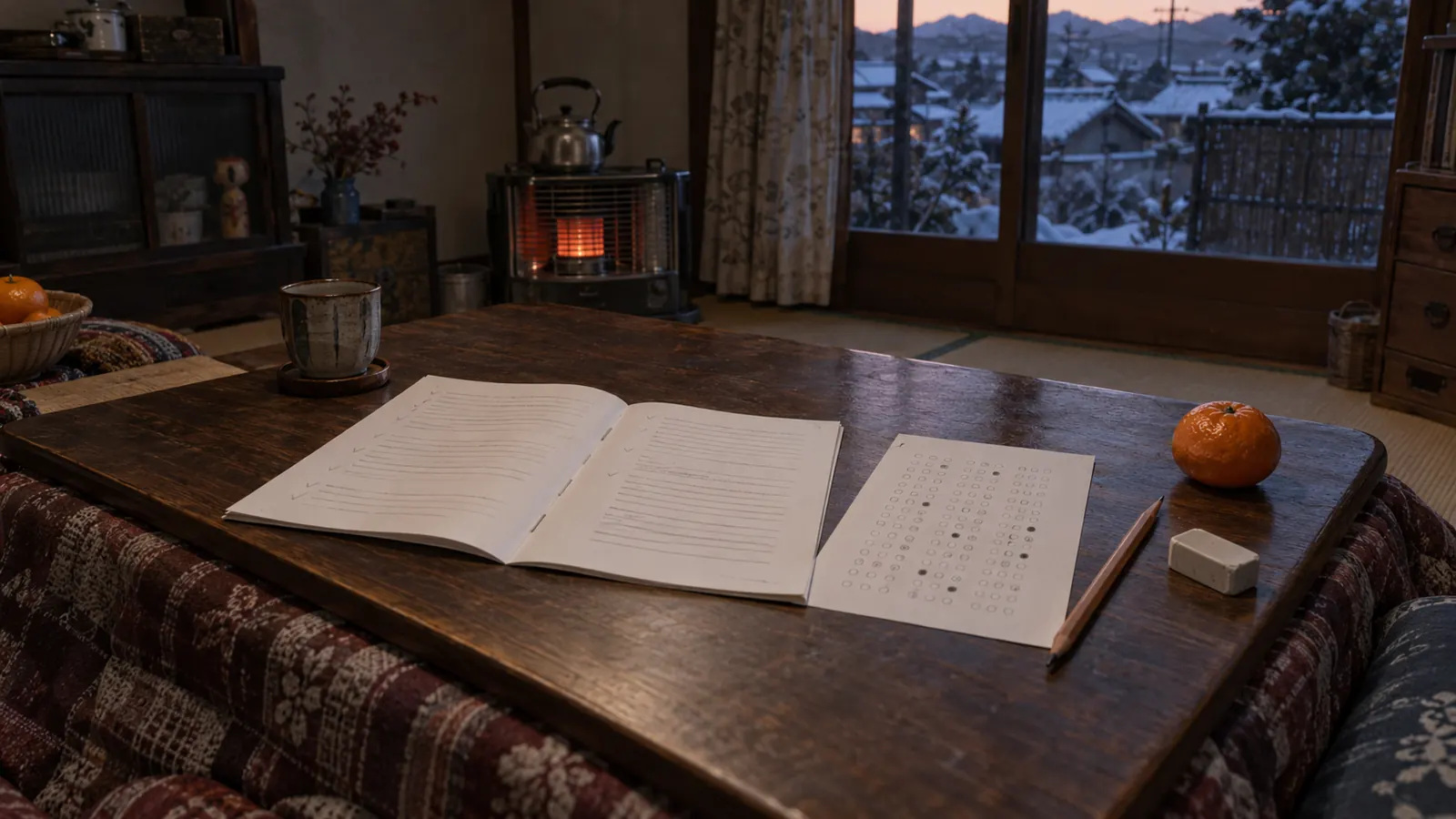 昭和54年ごろの雰囲気の部屋で、こたつの上に開かれた厚い問題冊子と赤鉛筆と消しゴム