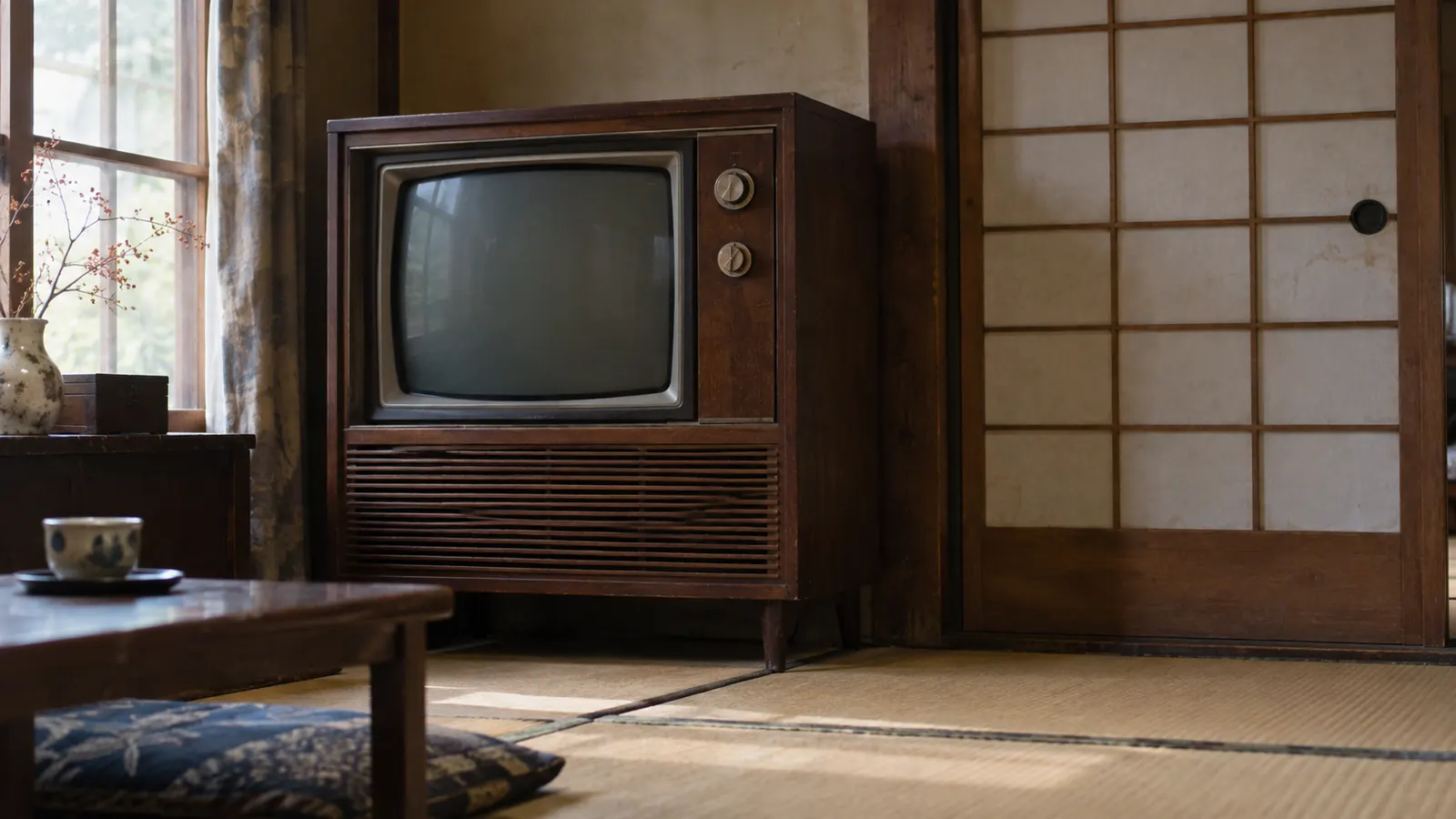 昭和40年ごろの雰囲気の和室の壁ぎわに置かれた、木のキャビネットの上部に画面があり、その下に横向きの木の格子が並ぶテレビ
