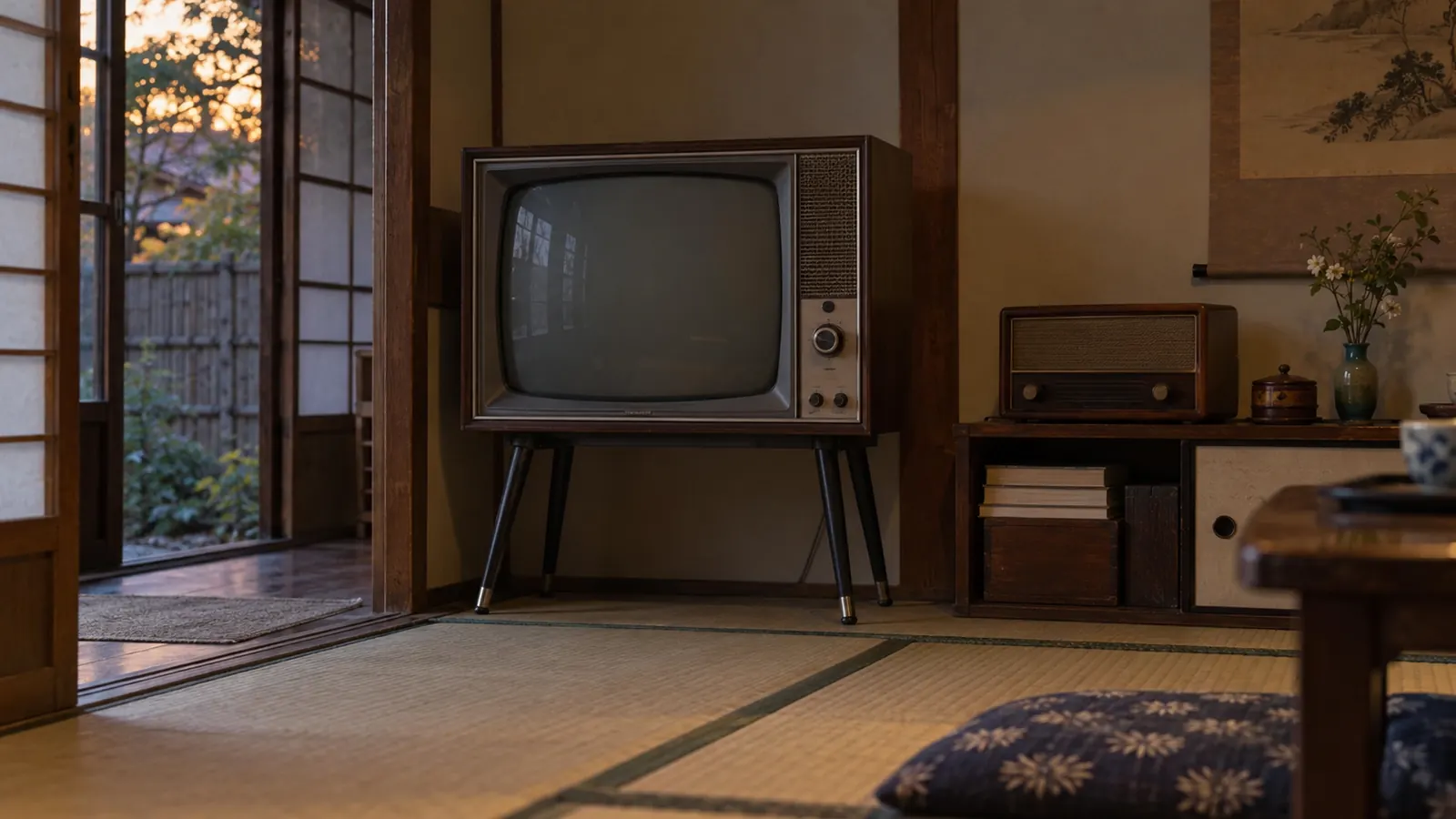昭和36年ごろの雰囲気の茶の間で、脚付きのテレビとその横の棚に置かれた木箱のラジオ