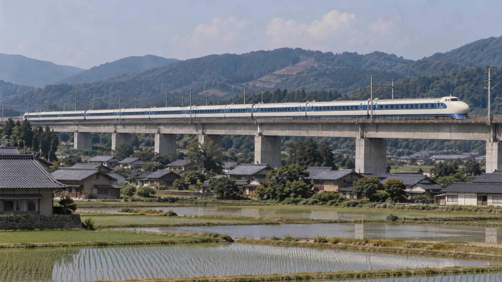 昭和39年ごろの雰囲気の田園の中の高架を走る、丸みのある先頭の白い車体に青い帯の高速列車