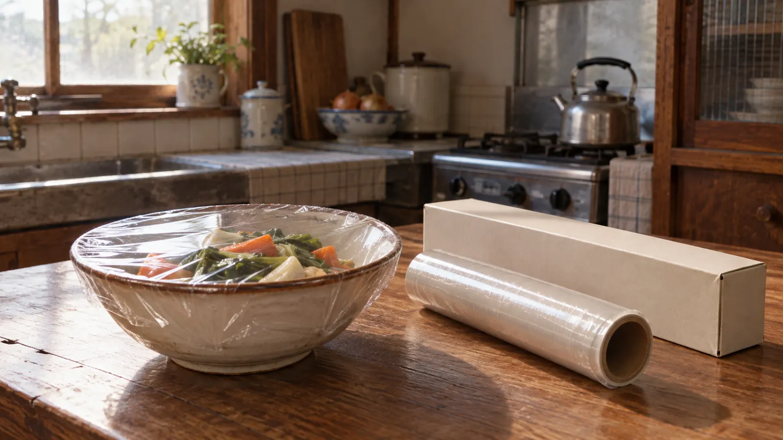 昭和35年〜昭和39年（1960〜1964年ごろ）のクレラップの記憶をたどる再現イメージ：食品を覆う透明な薄膜と無地の裏面を向けたラップ箱