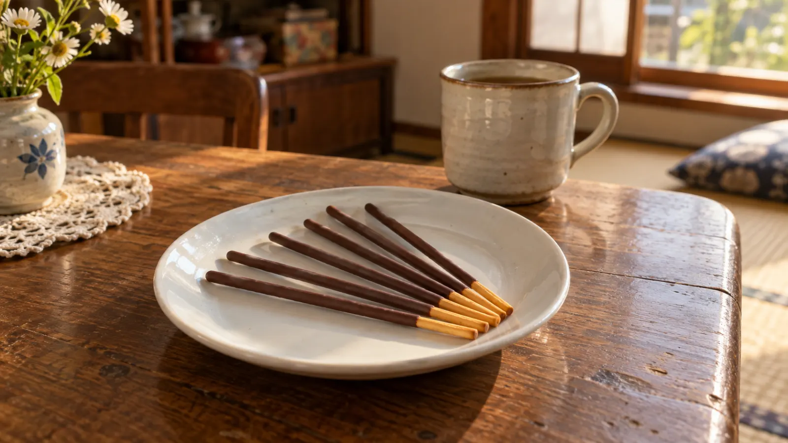昭和41年〜昭和45年（1966〜1970年ごろ）のポッキーチョコレートの記憶をたどる再現イメージ：チョコをかけない持ち手がある細い棒状菓子と白い皿