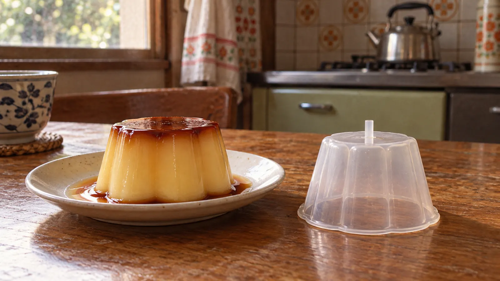 昭和47年〜昭和51年（1972〜1976年ごろ）のプッチンプリンの容器の記憶をたどる再現イメージ：皿へ出したプリンと底中央に空気穴用の突起がある透明カップ