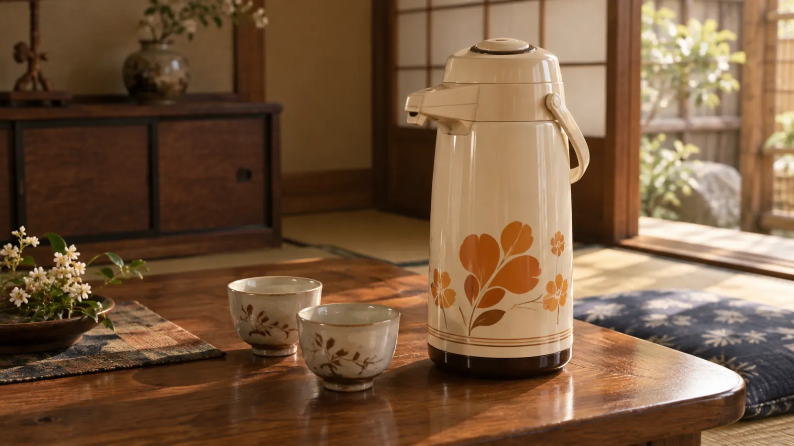昭和48年〜昭和52年（1973〜1977年ごろ）の押すだけのエアーポットの記憶をたどる再現イメージ：手押しボタンと注ぎ口がある花柄の保温ポットと湯飲み