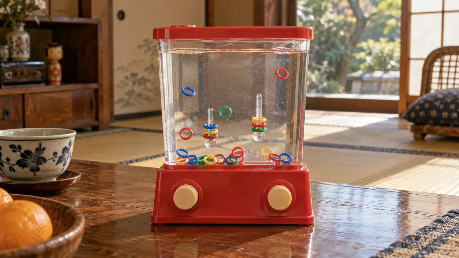 昭和51年〜昭和55年（1976〜1980年ごろ）のウォーターゲームの記憶をたどる再現イメージ：透明な水槽の中の輪と二本の棒、下部の押しボタン